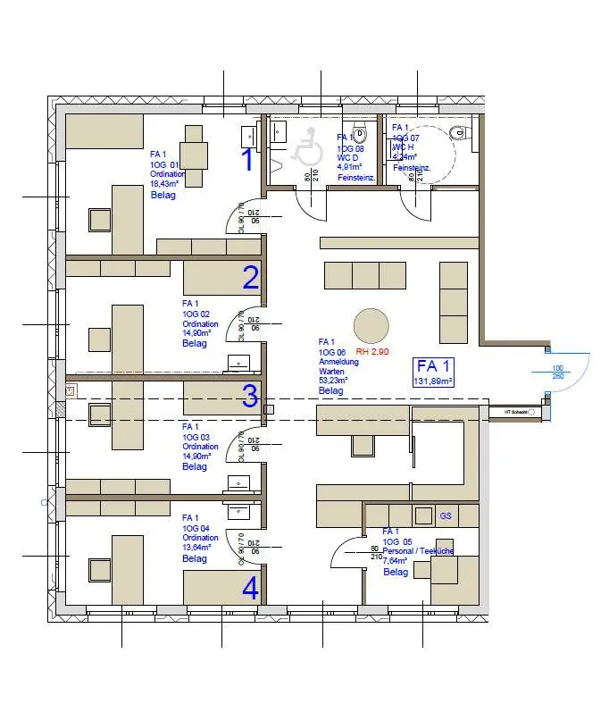 Grundriss der Gemeinschaftspraxis im PVZ Lieboch im 1. Obergeschoß mit 4 barrierefreien Praxisräumen, Empfang und Wartebereich.
